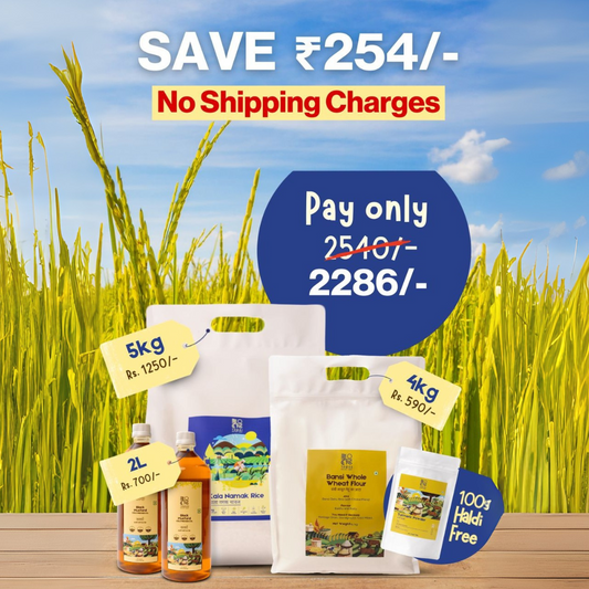 Kala Namak Rice (5kg) + Bansi Whole Wheat Flour (4kg) + Cold Pressed Black Mustard Oil (2L) + Free Turmeric Powder (100g ) – Value Combo